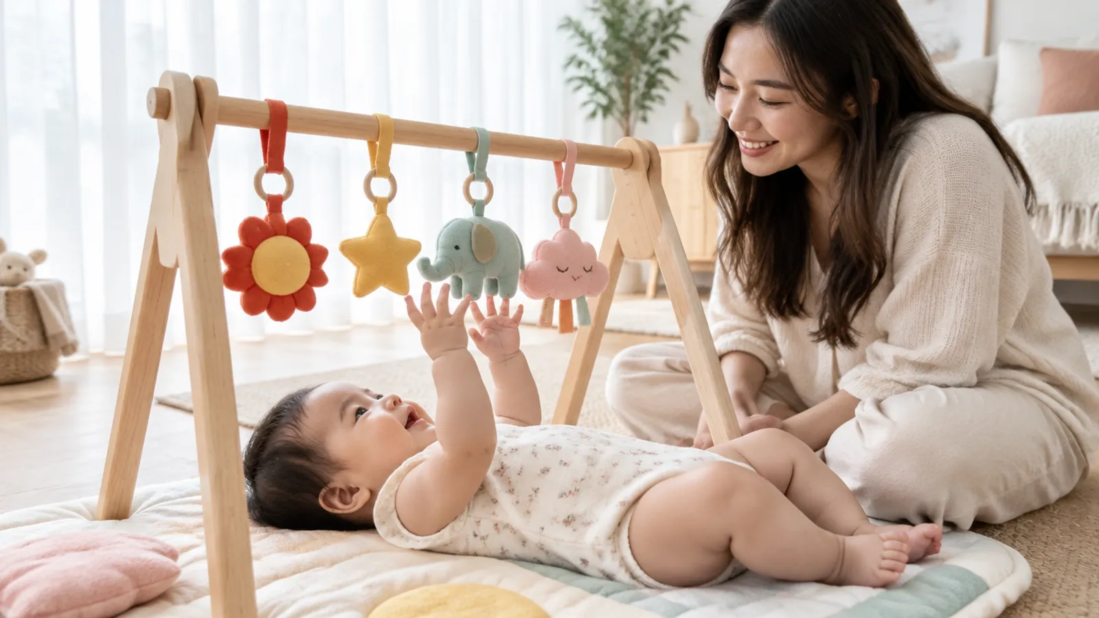 あおむけで、つり下げ式おもちゃのあるプレイジムで遊ぶ赤ちゃん