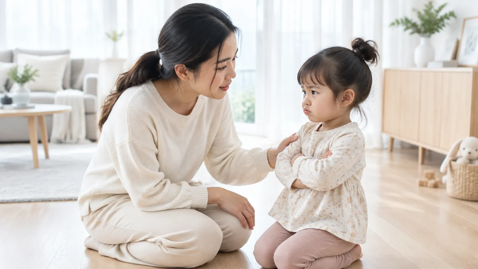 Ibu duduk sejajar dengan anak untuk berbicara saat anak merajuk