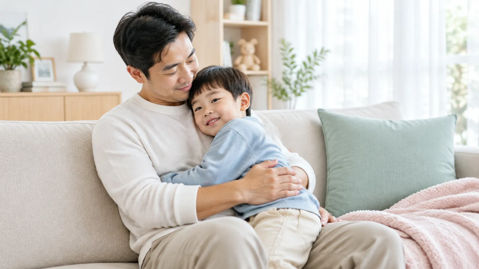 Ayah memeluk anak setelah anak berhasil menenangkan diri