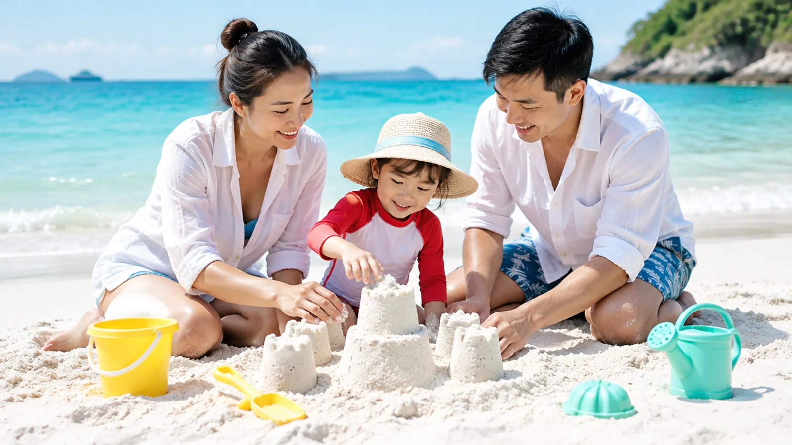 父母和孩子在沙滩上堆沙堡