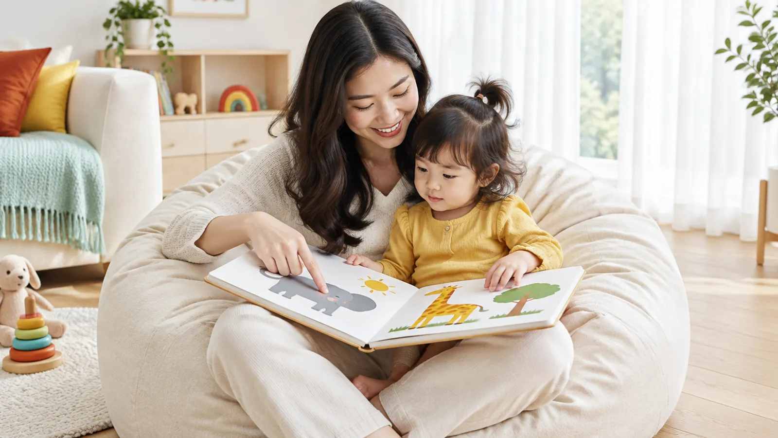 よちよち歩きの子どもと絵本を読む母親