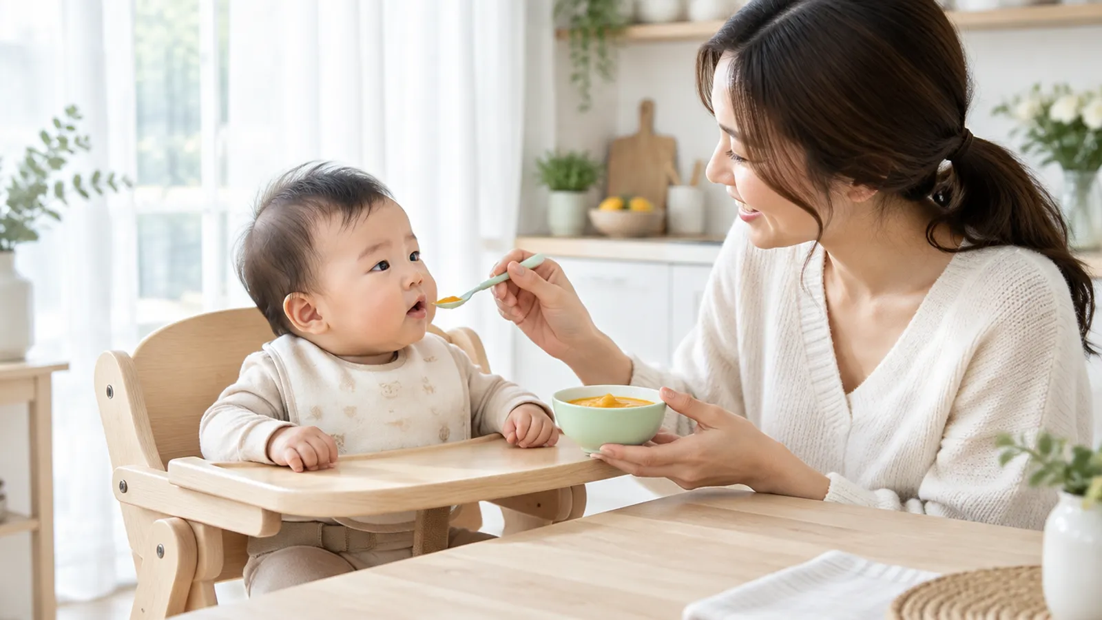Bayi 6 bulan duduk di kursi makan dan menyantap labu kuning yang dihaluskan