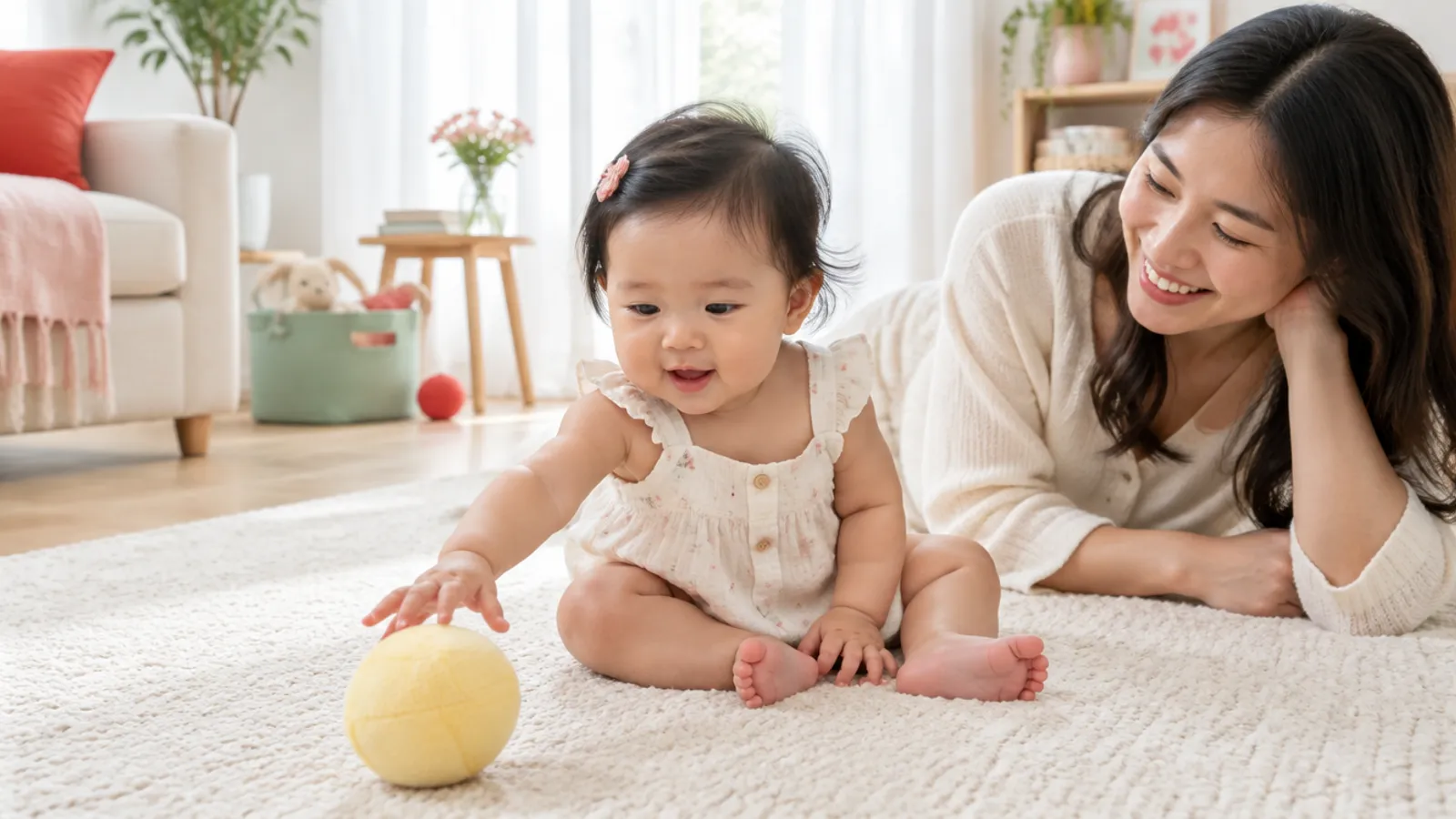 An 8-month-old baby sitting steadily independently