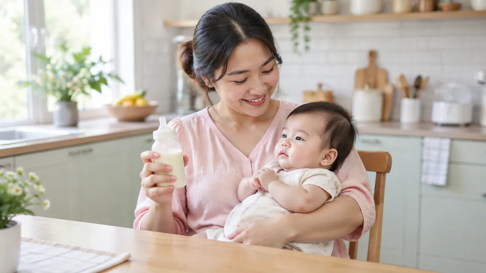 คุณแม่เตรียมนมให้ลูกที่โต๊ะ
