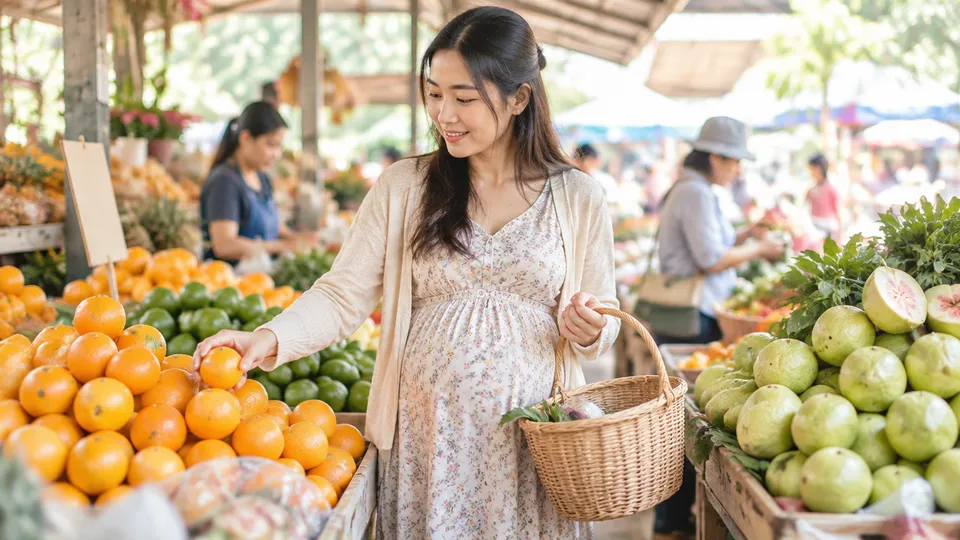 คุณแม่ตั้งครรภ์เลือกผลไม้ที่ตลาด