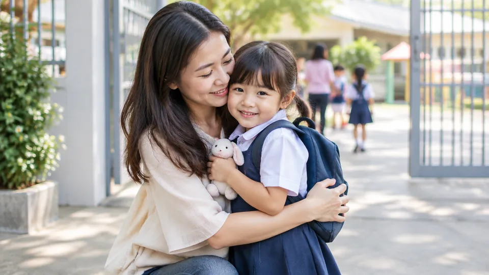เด็กเตรียมตัวไปโรงเรียนกับคุณแม่