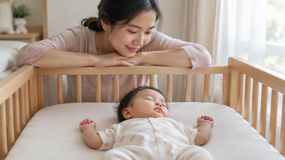 ทารกนอนหลับหงายในเปลโล่ง คุณแม่เฝ้า