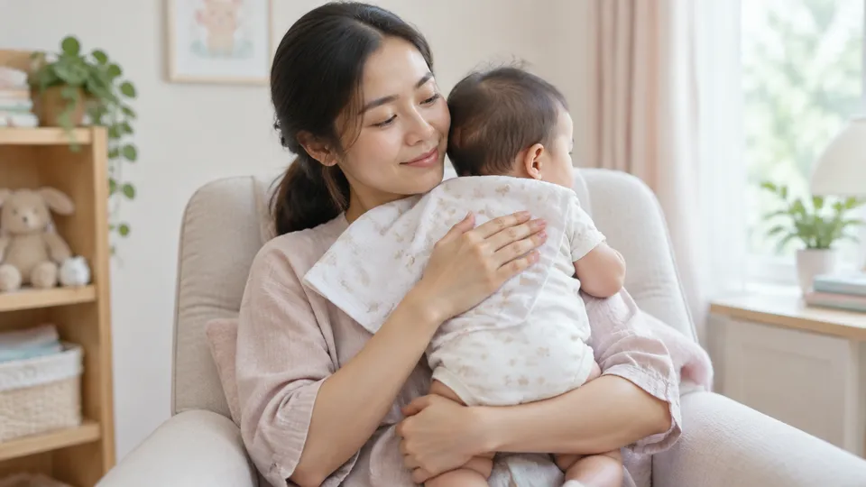 คุณแม่อุ้มลูกตั้งตรงหลังให้นมพร้อมผ้ากันเปื้อน