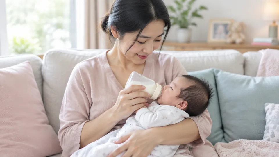 คุณแม่ให้นมขวดลูกแรกเกิดบนโซฟา