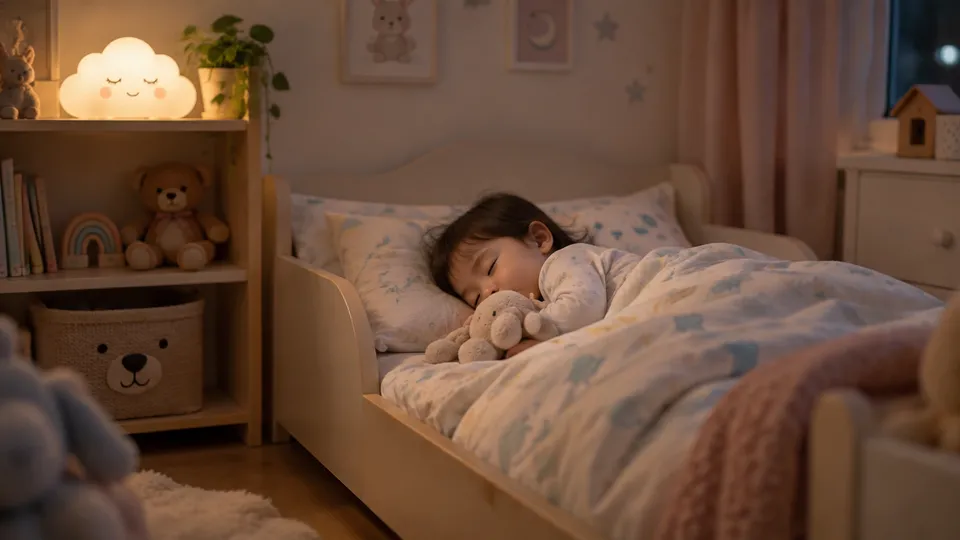 ห้องนอนเด็กเล็กกับโคมไฟนวล