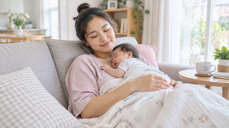 คุณแม่หลังคลอดพักผ่อนกับลูกน้อยที่บ้าน
