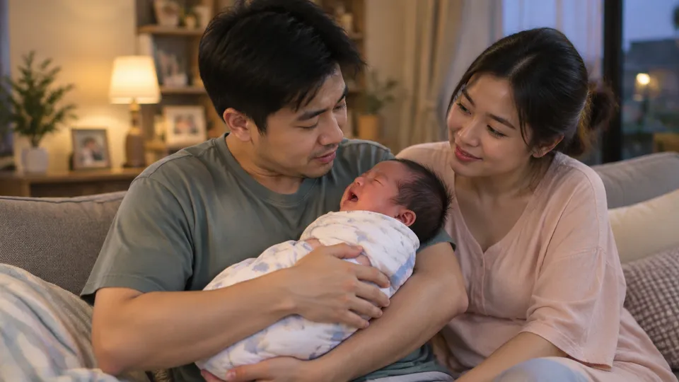 คุณพ่ออุ้มทารกร้องไห้ปลอบโยนตอนเย็น