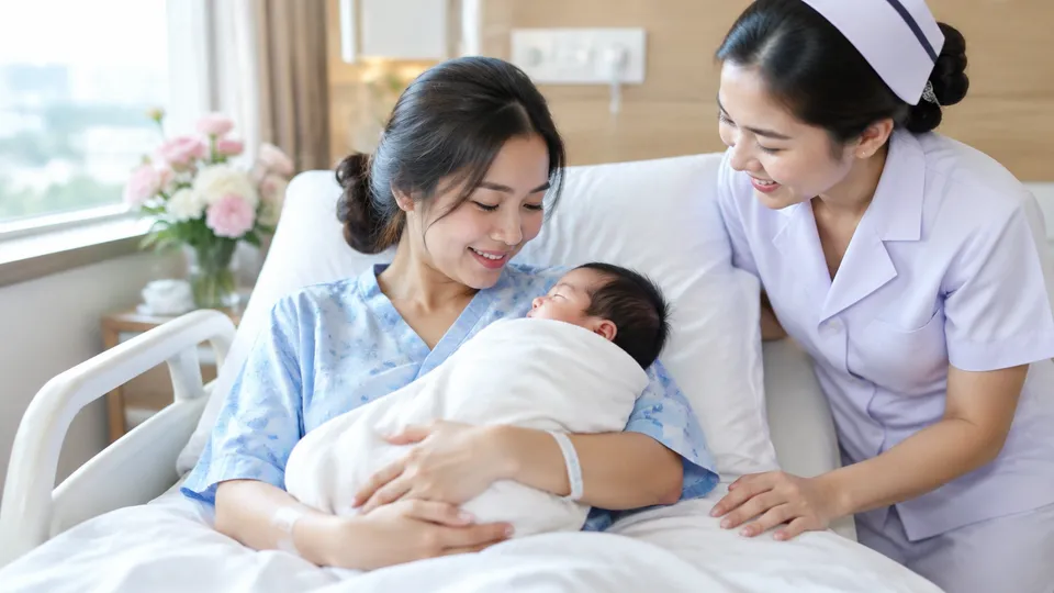 คุณแม่หลังคลอดอุ้มลูกแนบอกในโรงพยาบาล