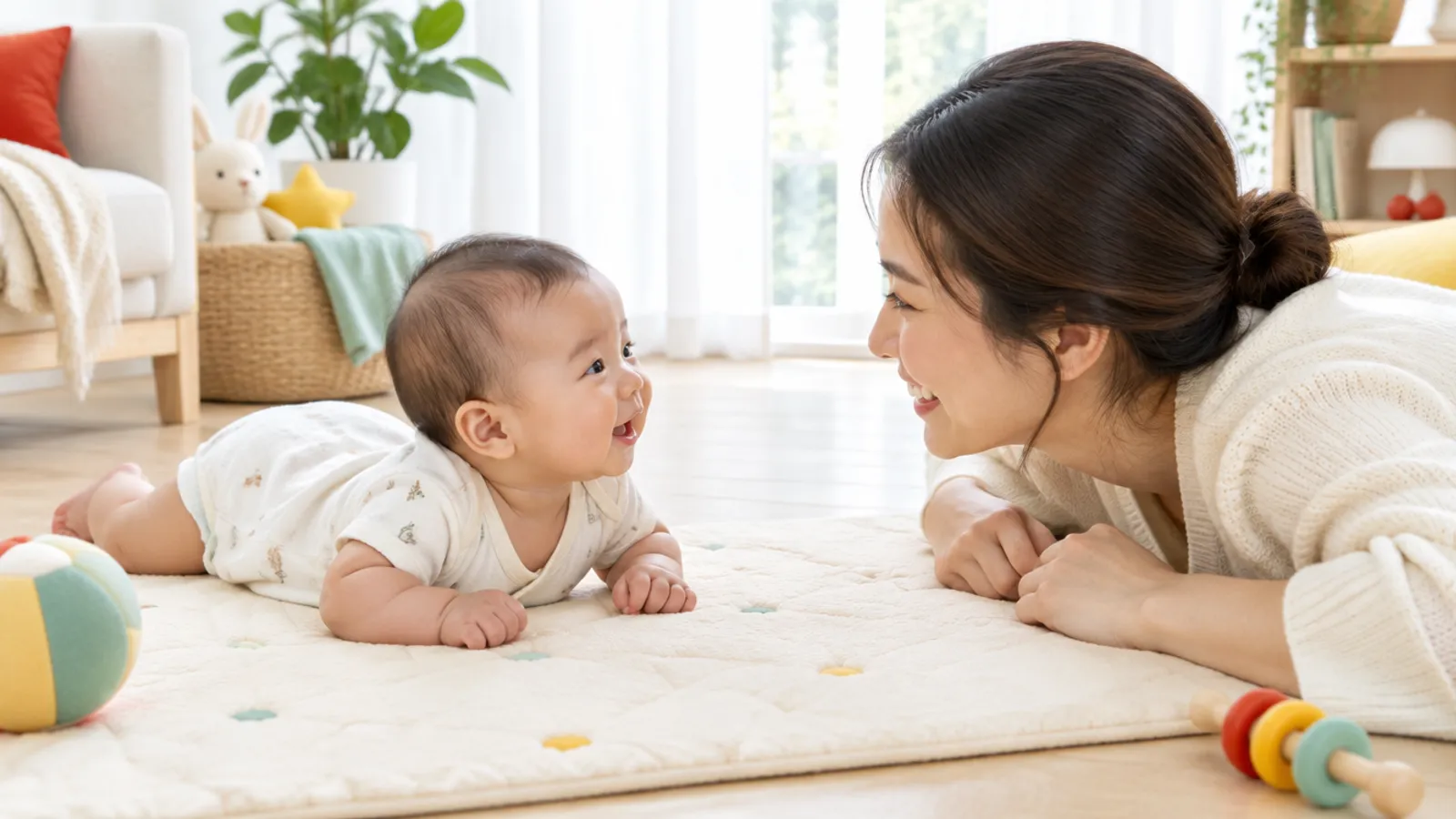 Baby having tummy time while awake under their mother’s supervision