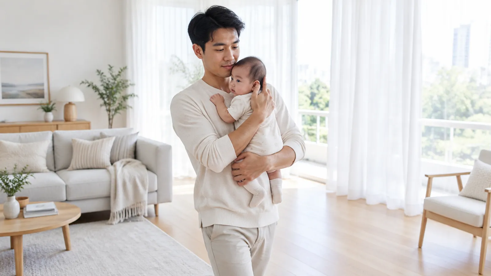 Father holding a baby against his shoulder to reduce time lying in the same position