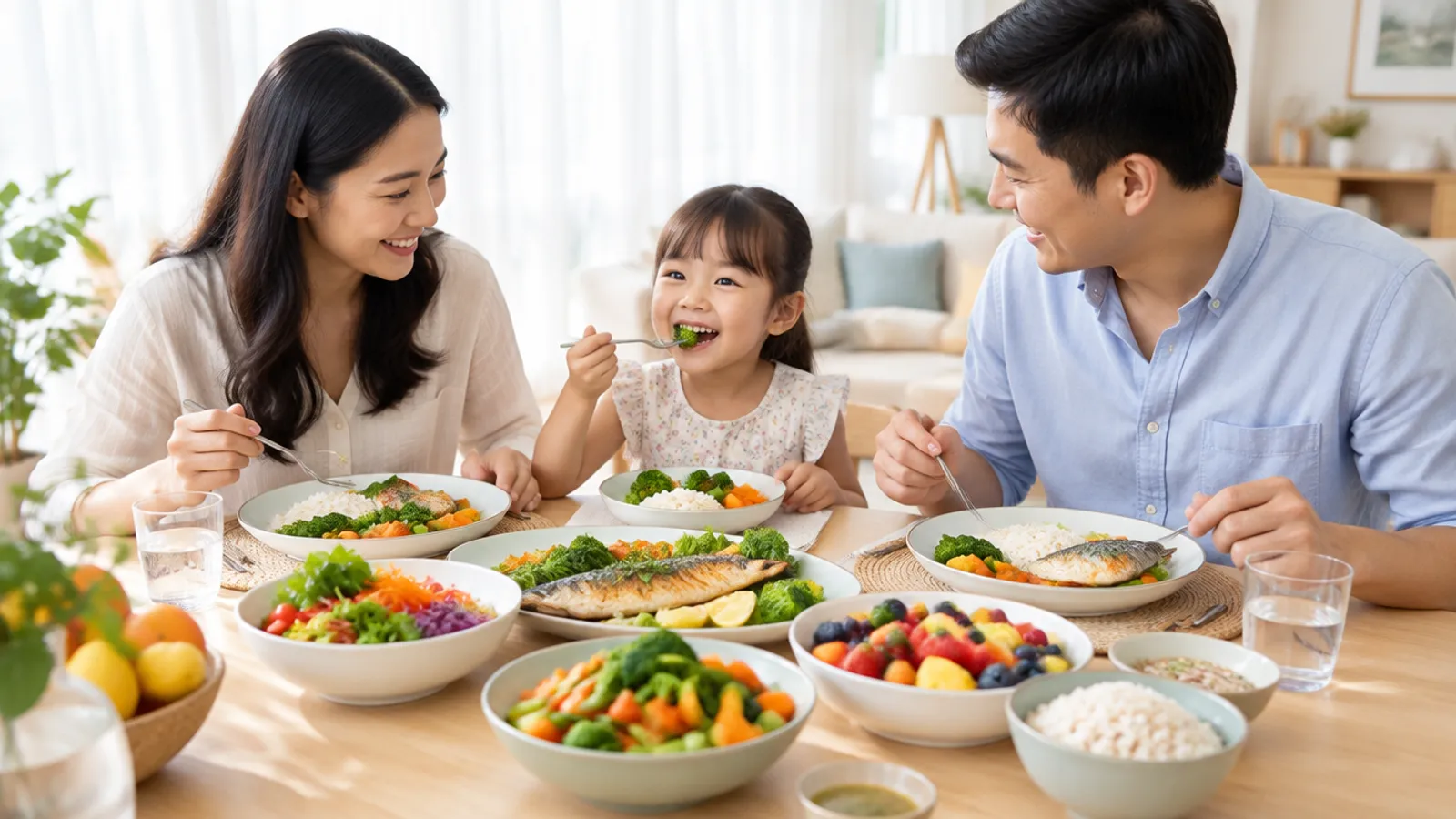 Family eating healthy food at home