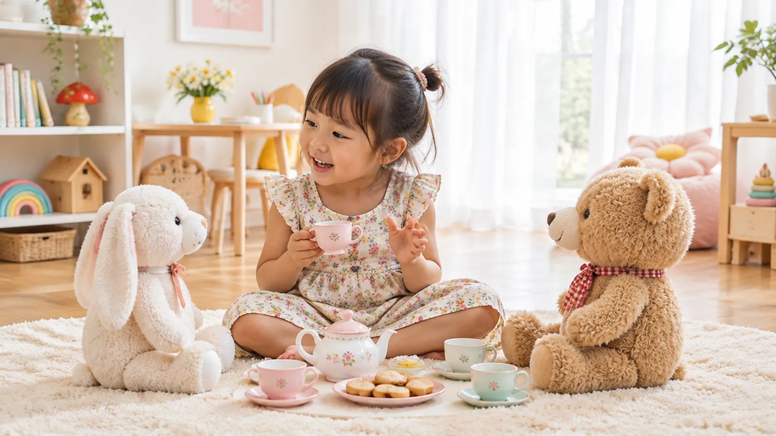 Anak bermain pesta minum teh dan berbicara dengan boneka