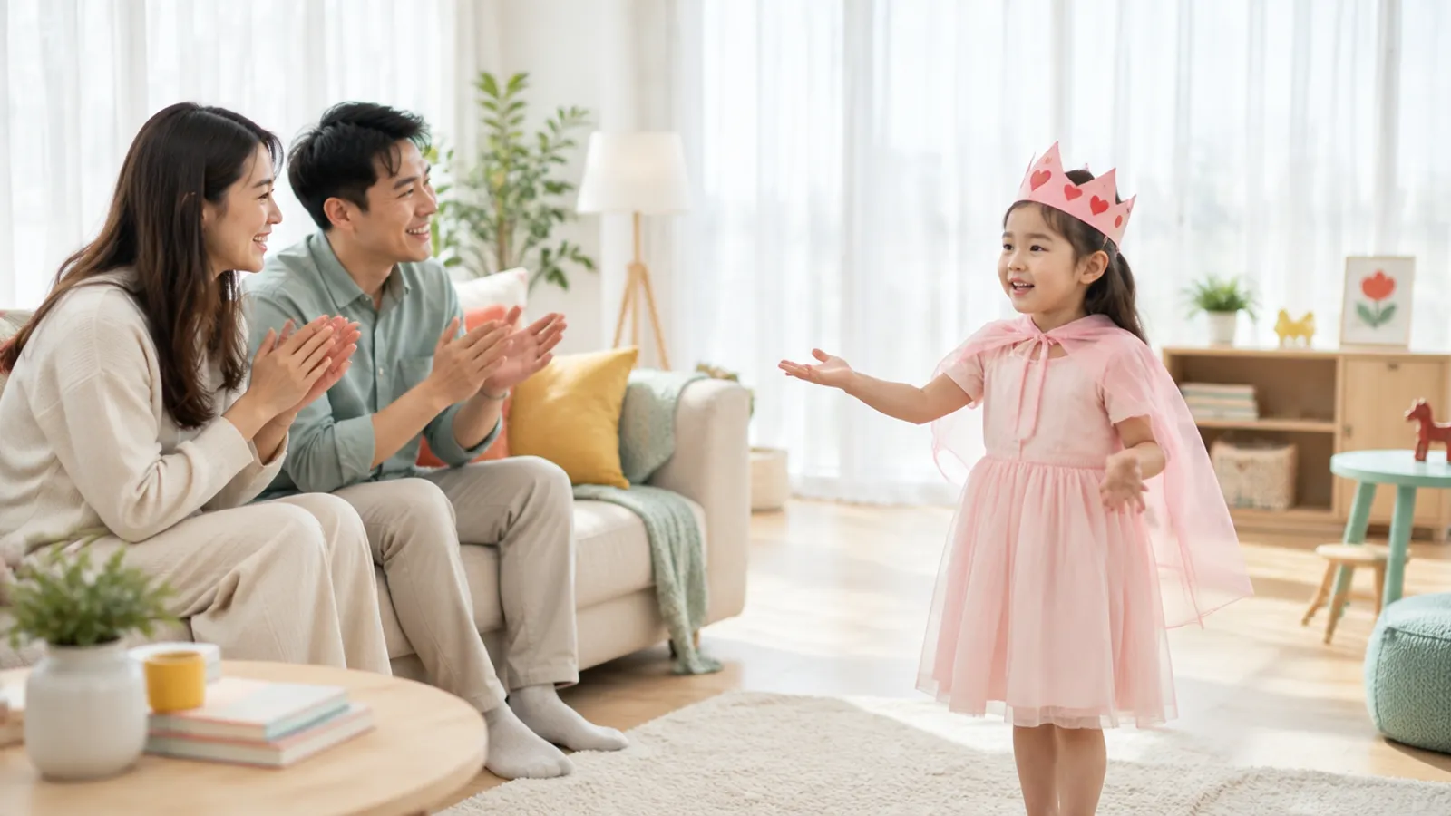 Child dressing up for drama play in front of a playroom mirror