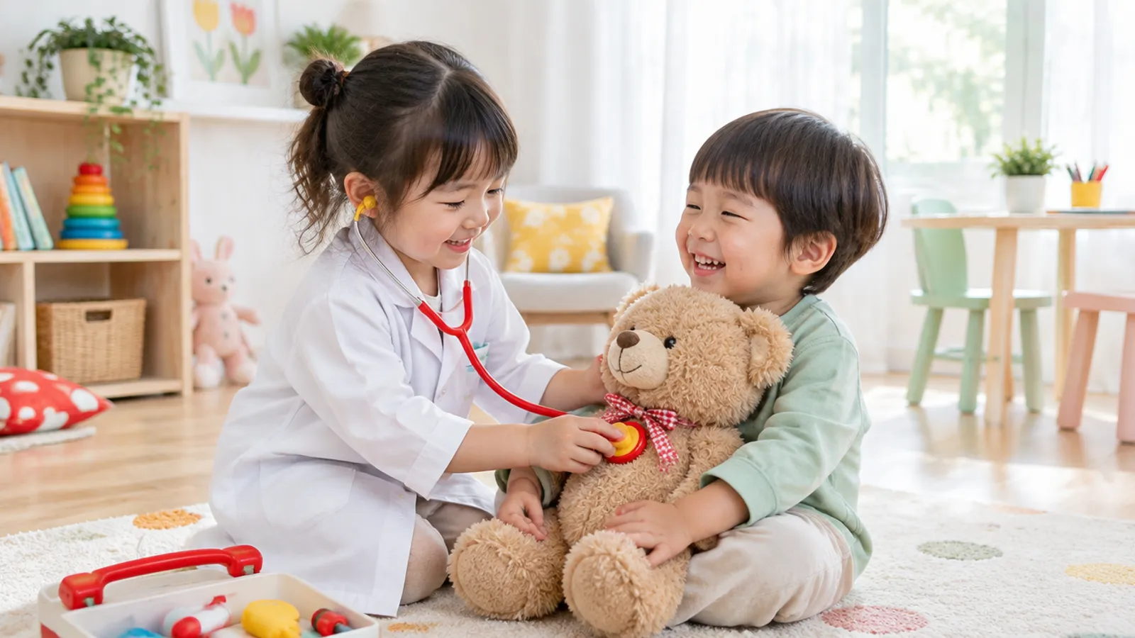 Children pretending to be a doctor and patient