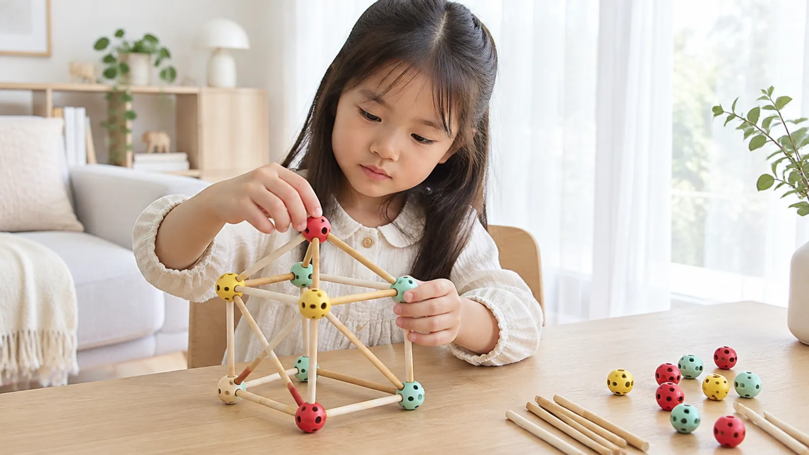 竹の棒とジョイントで構造物を組み立てる子ども