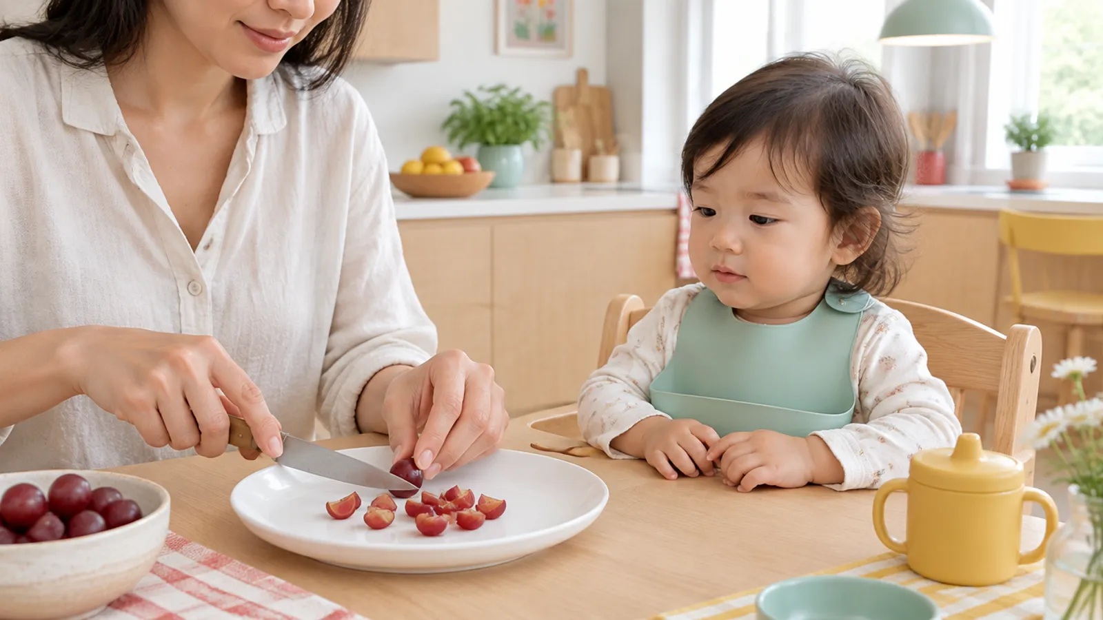 子どもの窒息を防ぐため、ぶどうを小さく切る母親