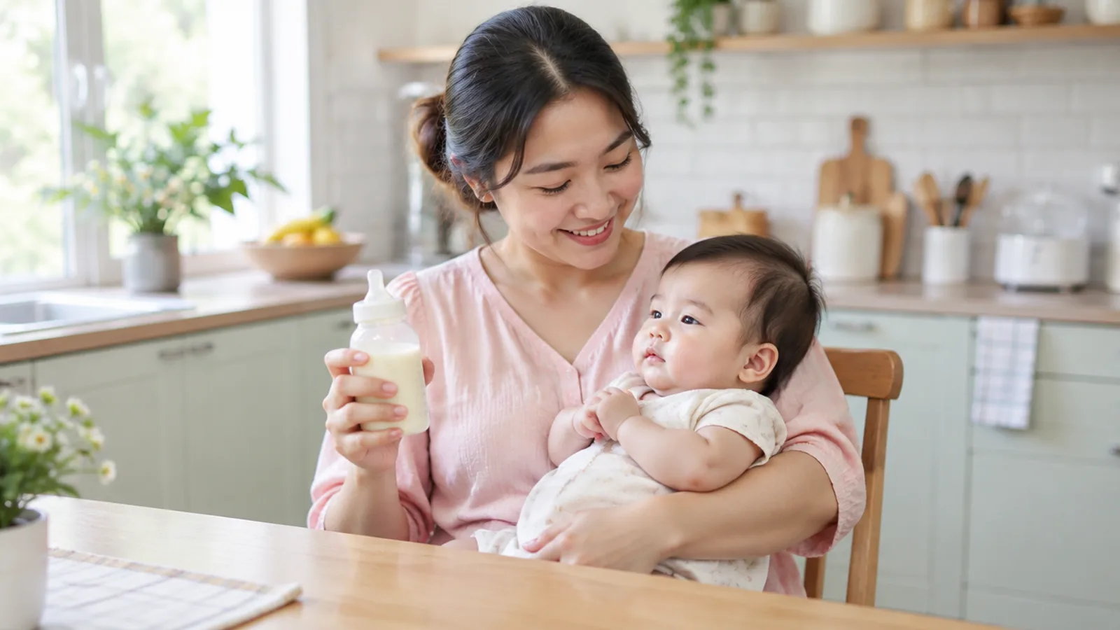 คุณแม่เตรียมนมให้ลูกที่โต๊ะ