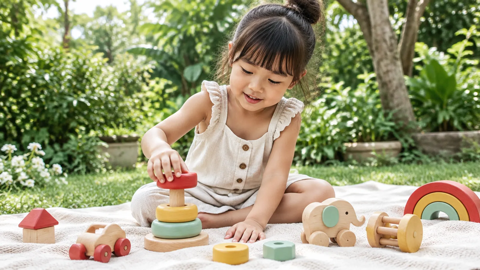 Child playing with wooden toys among trees in a garden