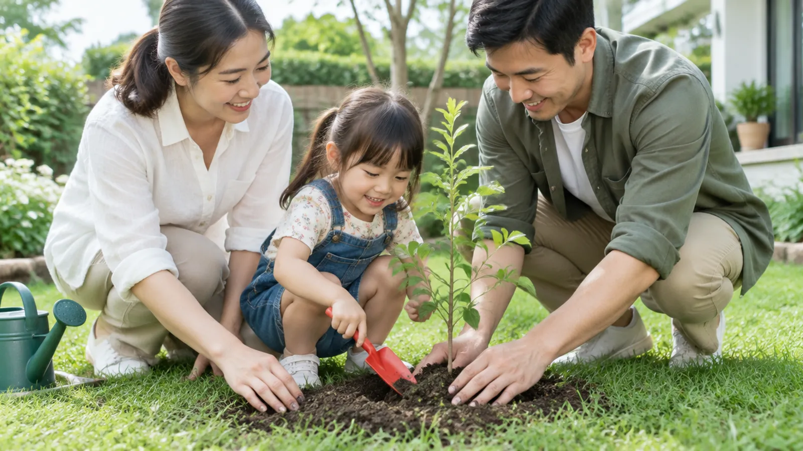 Parents and child planting a tree together