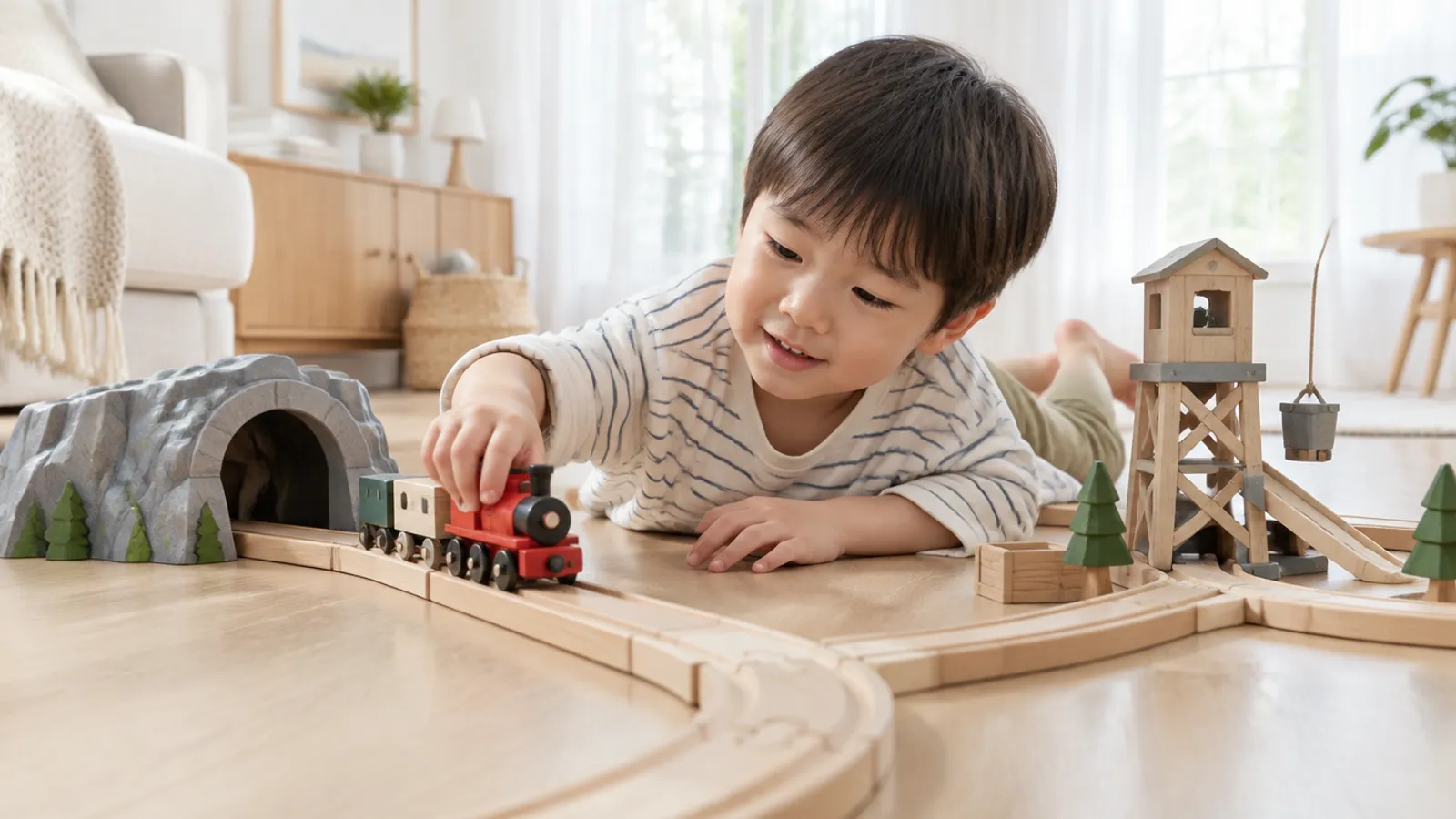 Child playing with a wooden train set on the floor