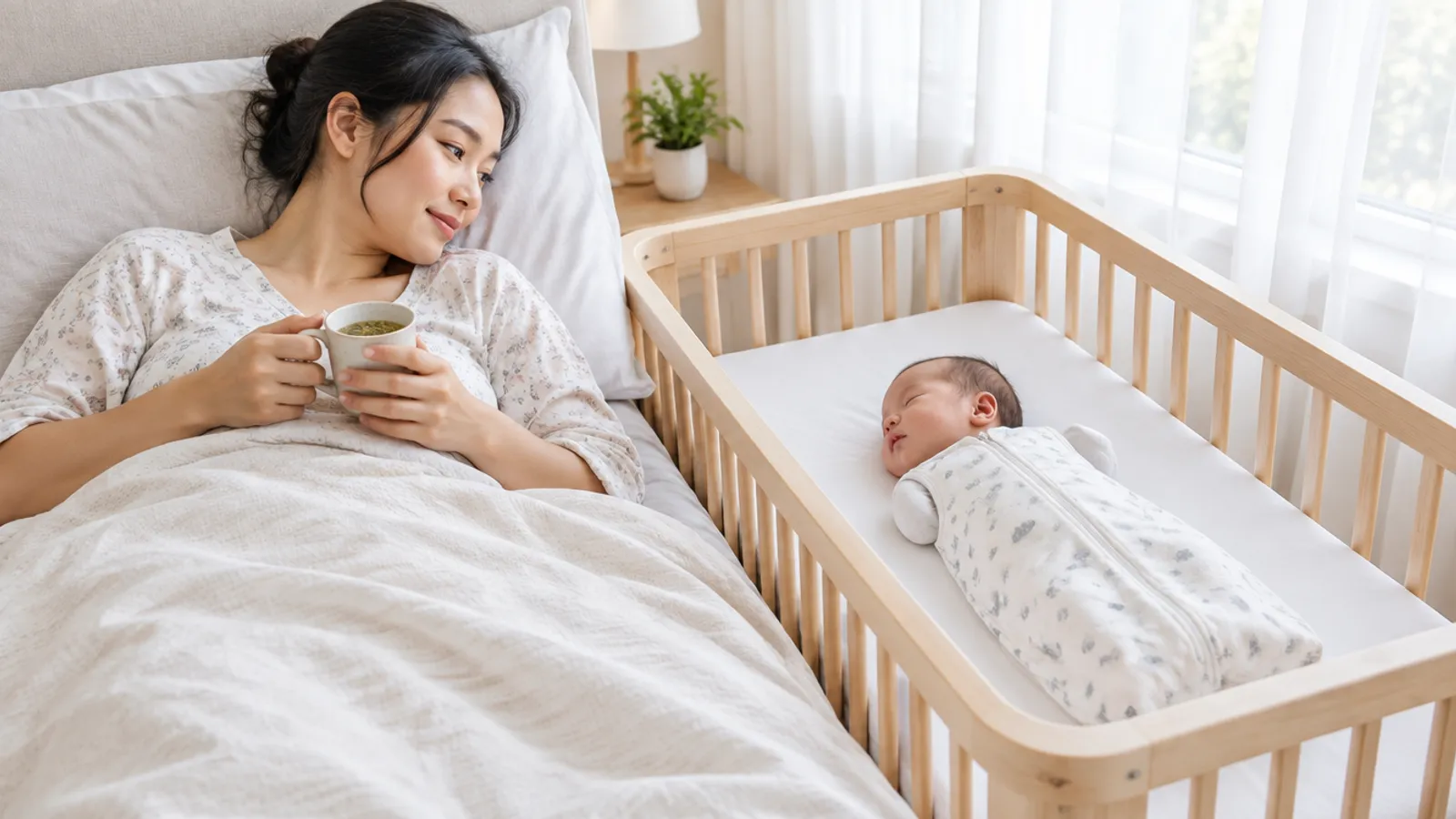 ベッドの横のゆりかごで赤ちゃんが眠る中、産後の休養を取るお母さん