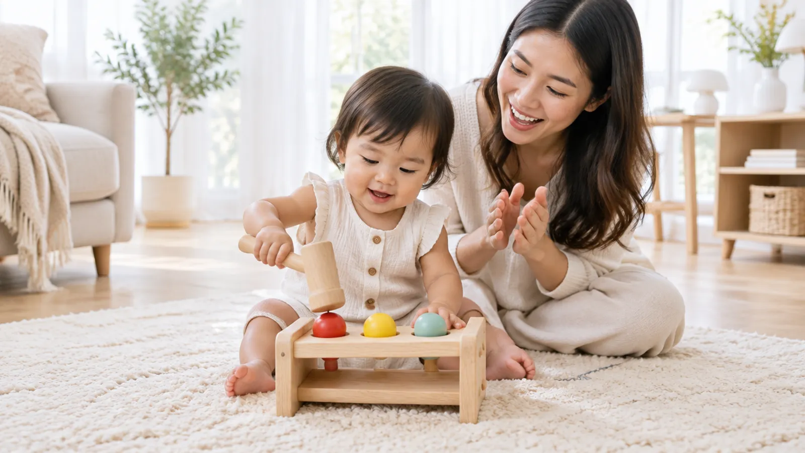 木製のハンマーでボールをたたいて遊ぶ子ども