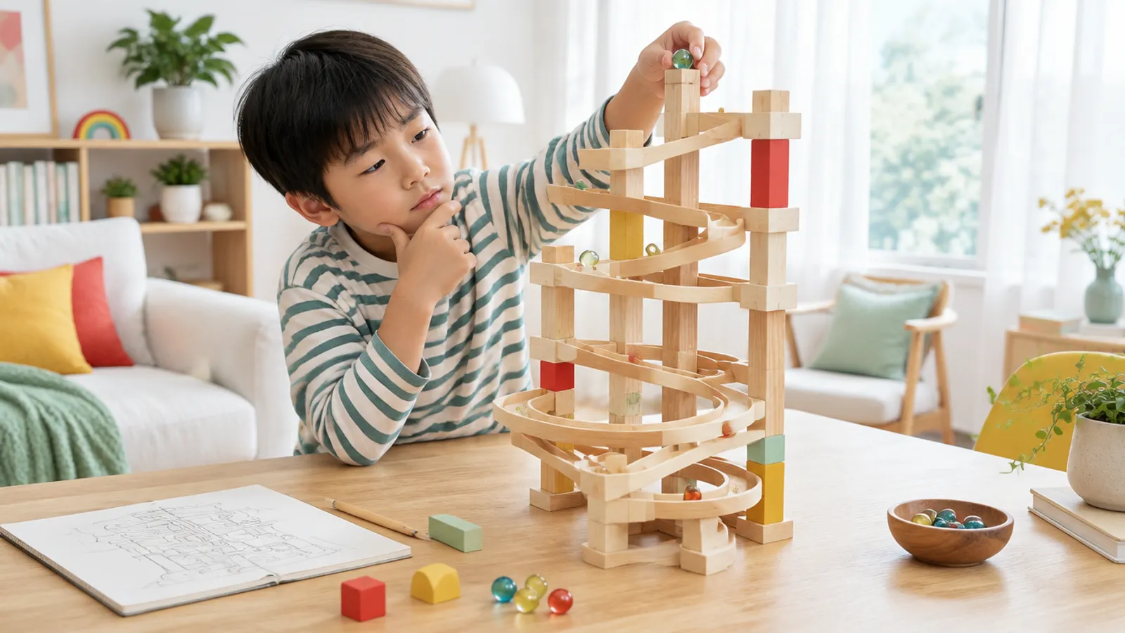 Primary school children building a multilevel wooden marble run