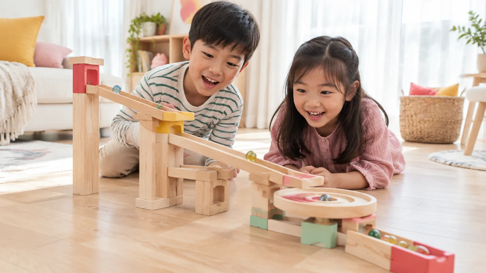 Siblings testing a marble run together