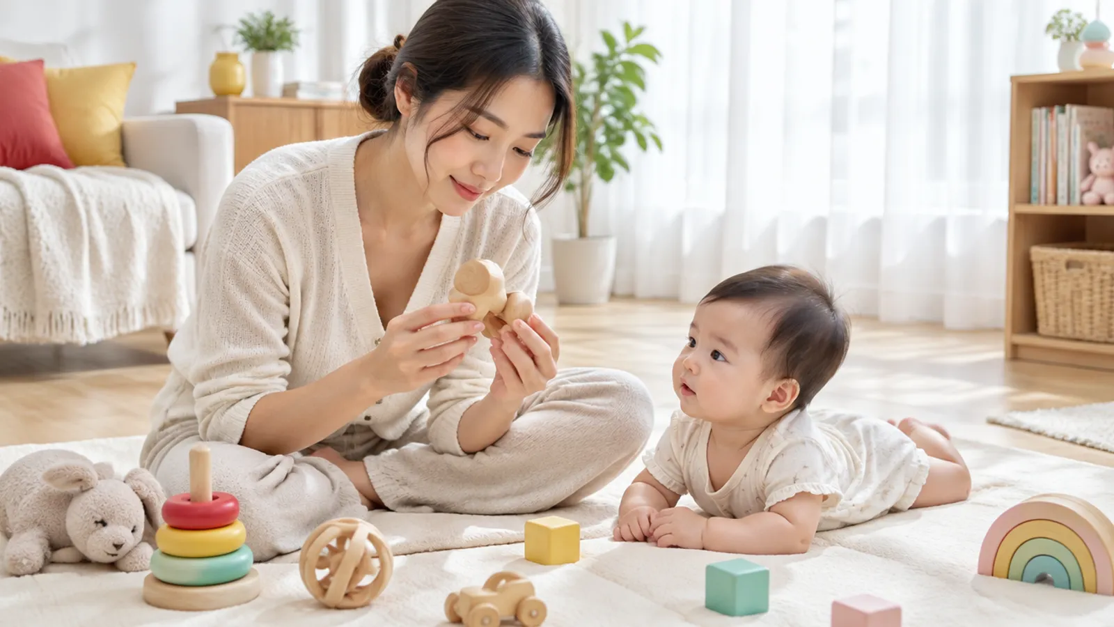Mother checking a wooden toy before giving it to her child