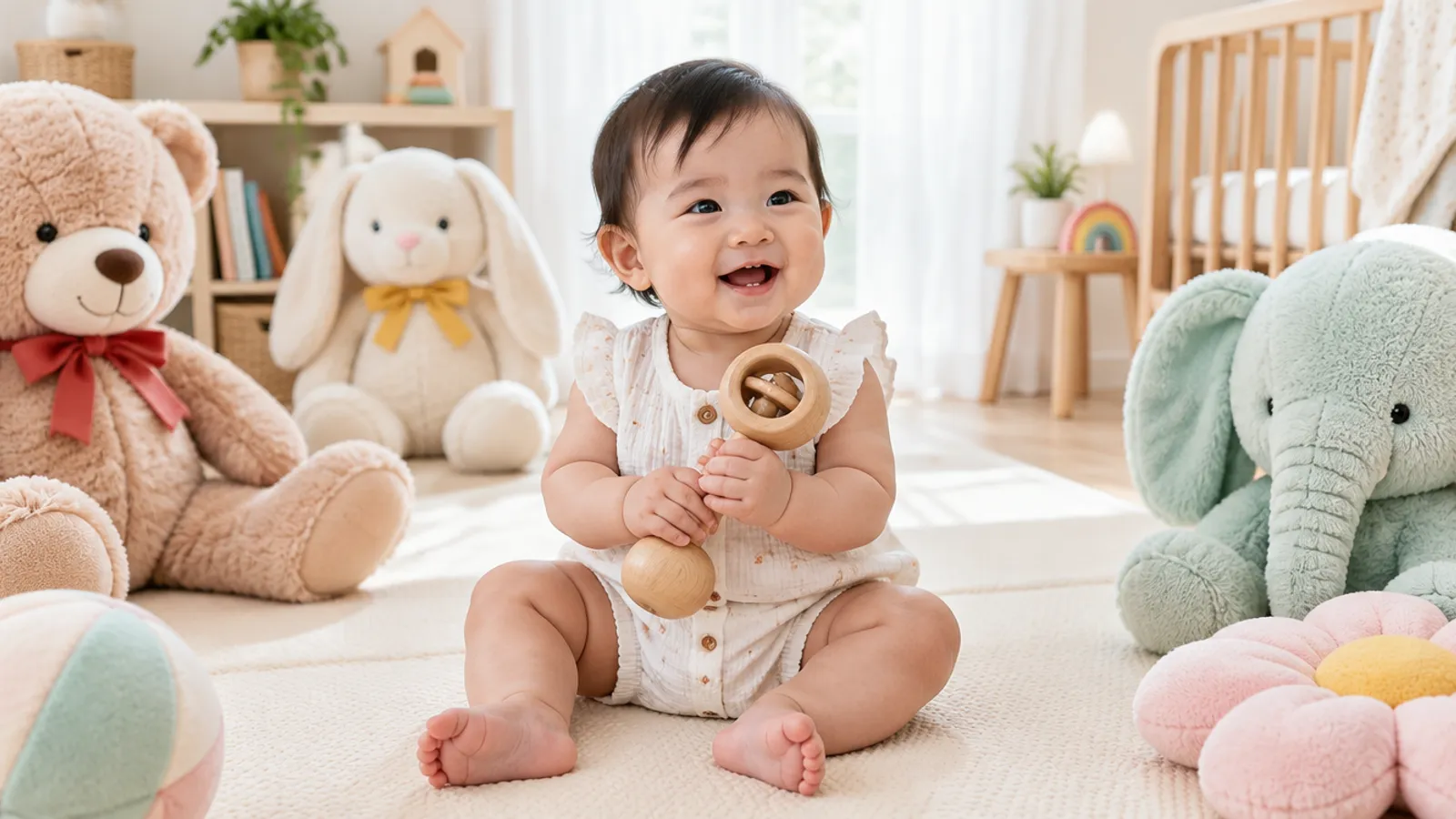 Baby playing with safe, large wooden toys on a play mat