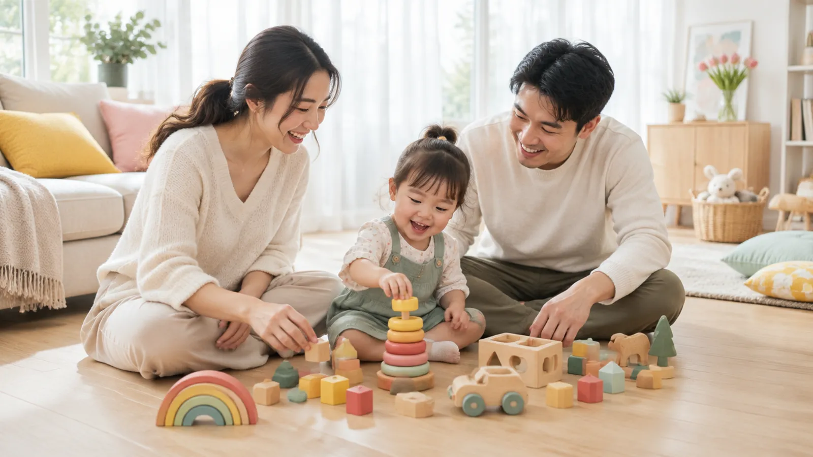 Orang tua dan anak bermain mainan kayu bersama di ruang keluarga