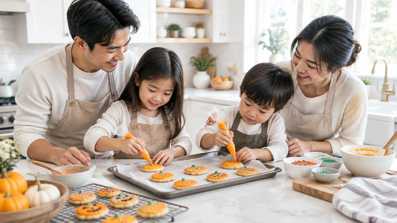 Family making Halloween treats together in the kitchen