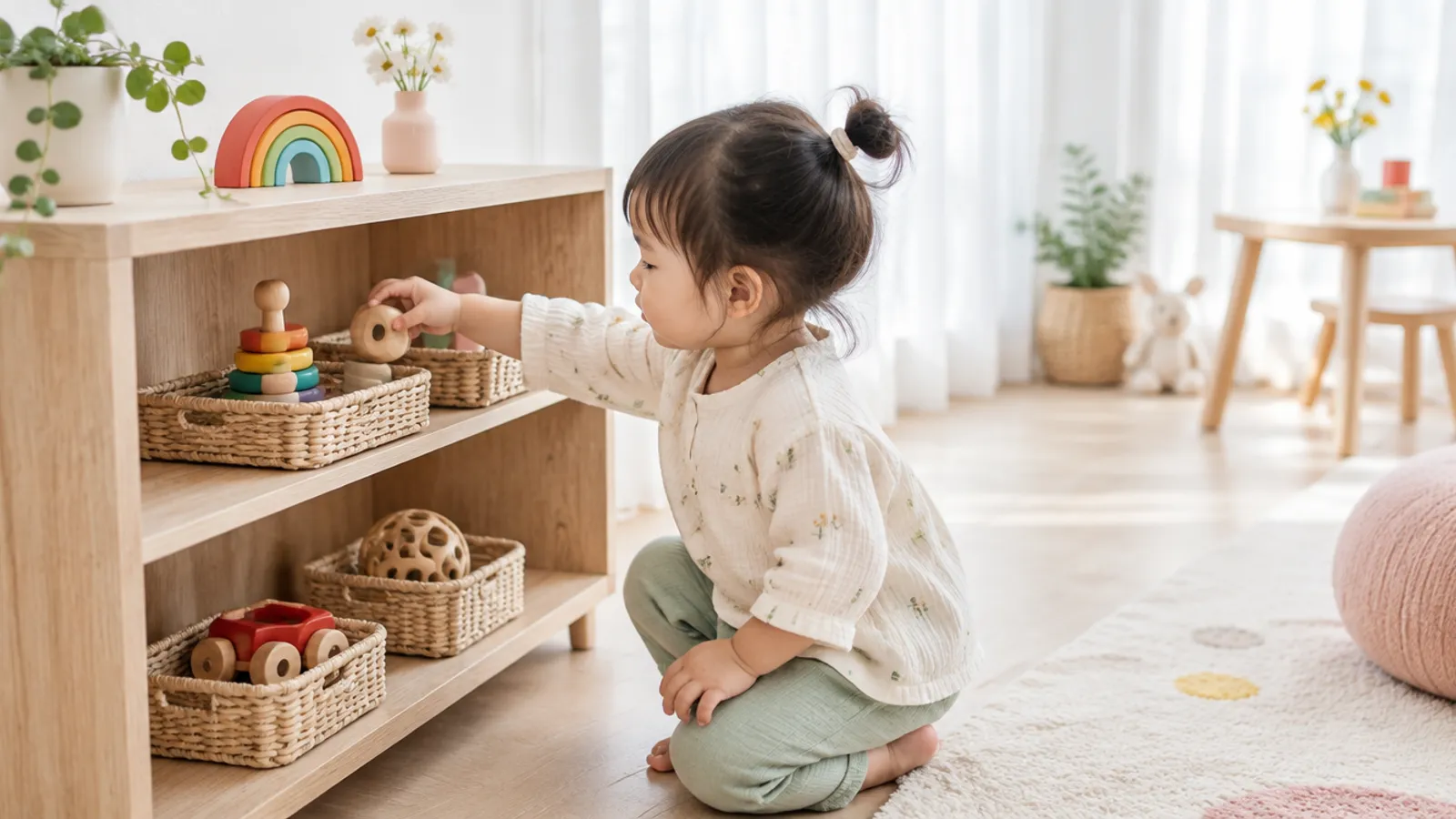 A toy rotation shelf with a small selection of toys for a child to choose from