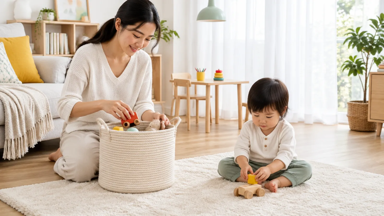 A mother putting some toys in a basket for rotation