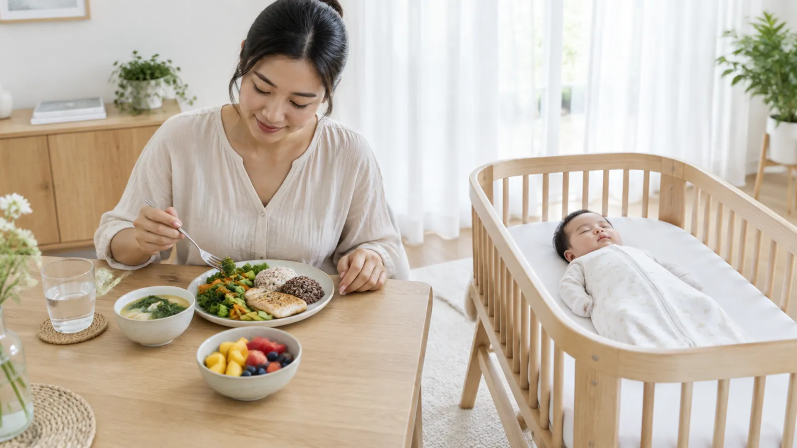 أم مرضعة تتناول وجبة متوازنة وطفلها نائم في مهد بجانبها