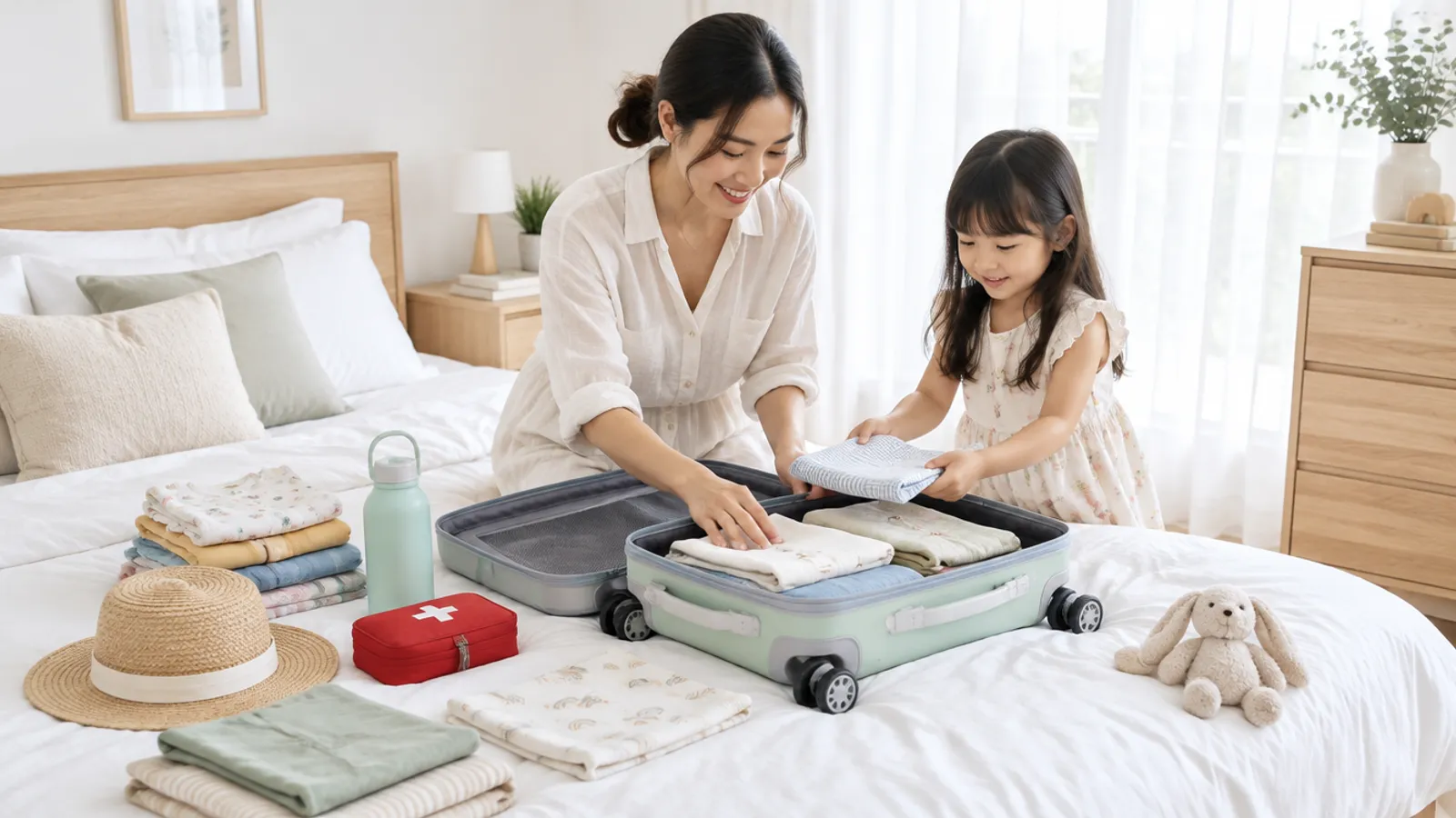 旅行前に子どもの荷造りをするお母さん