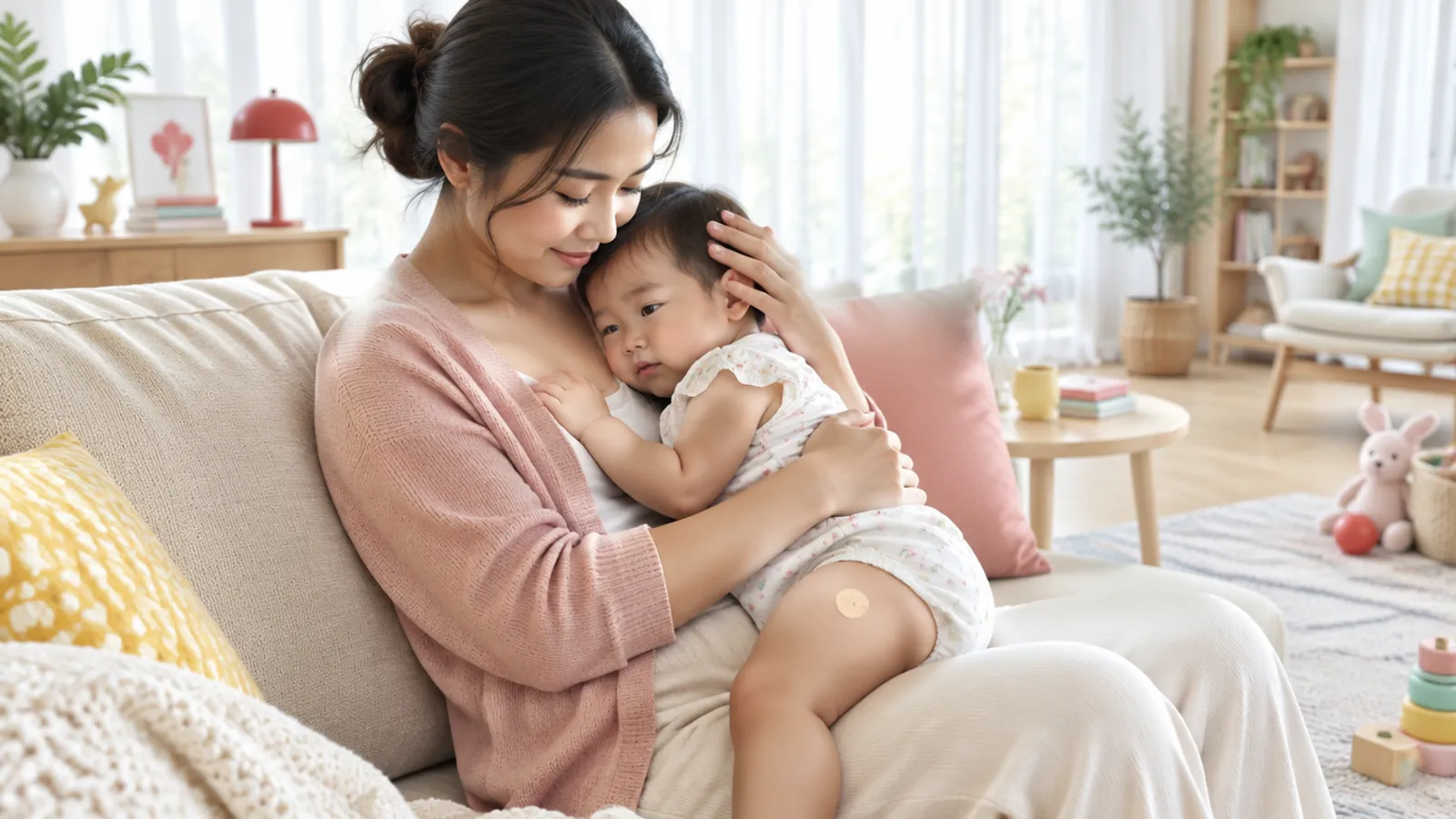 Mother hugging and comforting her baby after a vaccination
