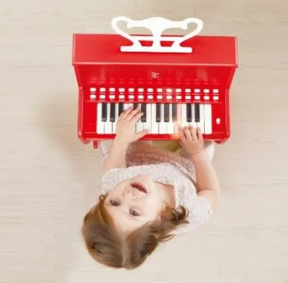 音楽のおもちゃで遊ぶ子どもの興味を観察する様子