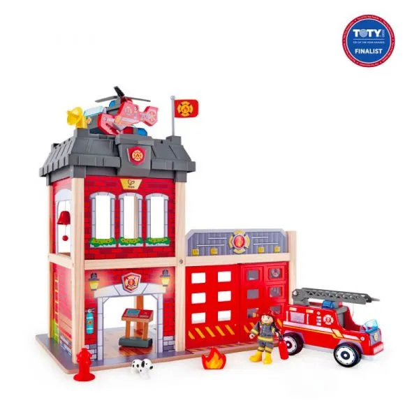 لعبة محطة الإطفاء الخشبية Hape City Fire Station مع شاحنة إطفاء